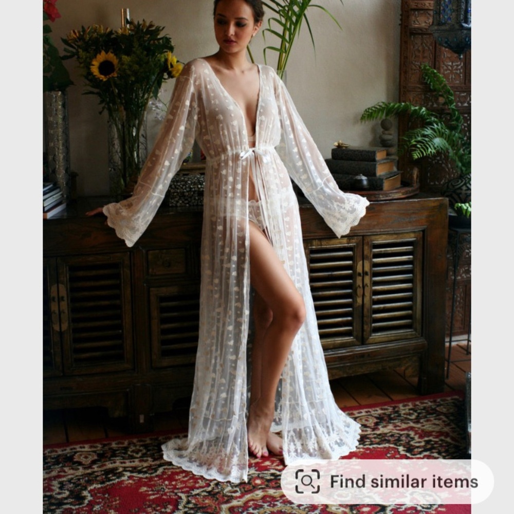 Elegant sheer beige lace robe with lace panties and satin sleeping gown.
